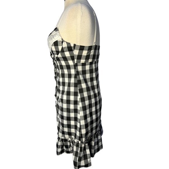 NWOT HERA Dress Large Black White Plaid Button Front Mini Stretch Ruffle - Picture 3 of 13